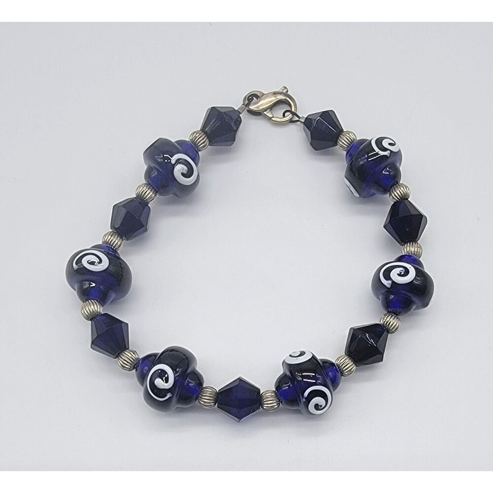 Artisan Cobalt Blue White Swirl Art Glass Bracelet 7.6"